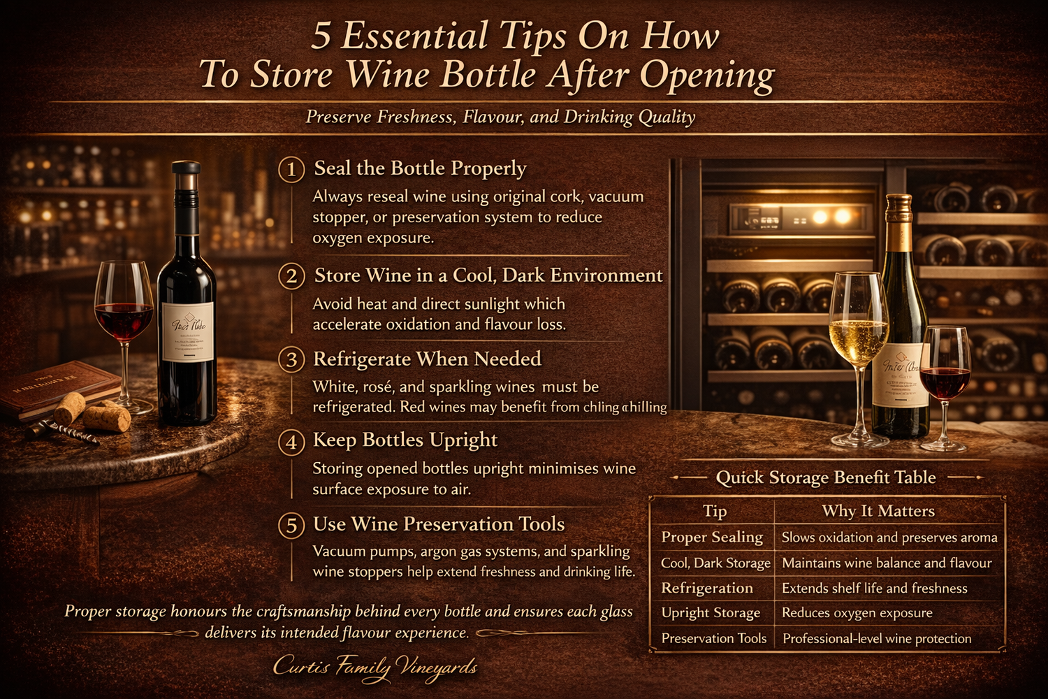5 essential tips on How to store wine bottle after opening - Curtis Family Vineyards