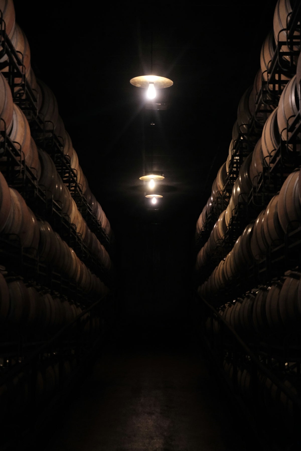 Rows of wine barrels in a dark cellar